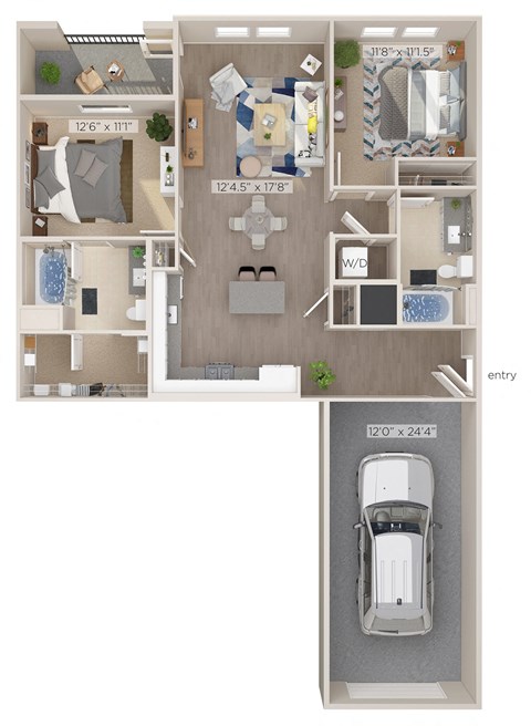 Floor plan for 2 beds, 2 baths, 1367 sqft