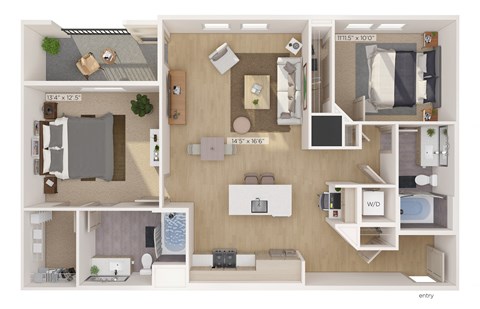 Floor plan for 2 beds, 2 baths, 1191 sqft
