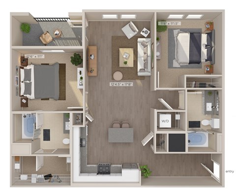 Floor plan for 2 beds, 2 baths, 1228 sqft