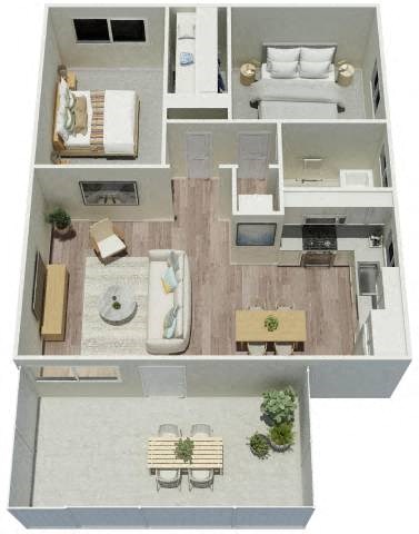 Floor plan for 2 beds, 1 bath, 873 sqft