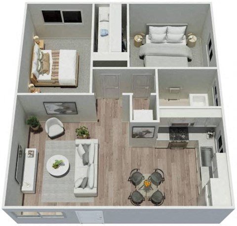 Floor plan for 2 beds, 1 bath, 673 sqft