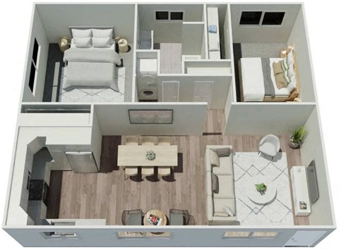 Floor plan for 2 beds, 1 bath, 981 sqft