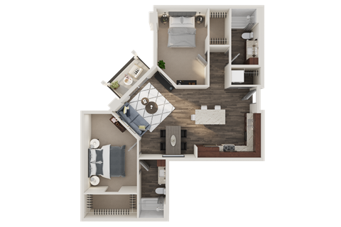 Floor plan for 2 beds, 2 baths, 1050 sqft