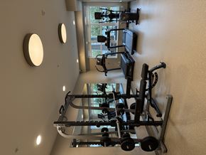 Hugo apartment for rent - A gym with a mirror, weights and exercise equipment.