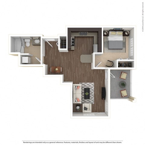 Floor plan for 1 bed, 1 bath, 634 sqft