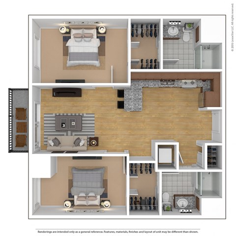 Floor plan for 2 beds, 2 baths, 971 sqft