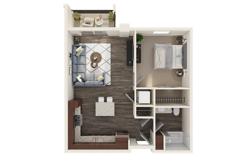 Floor plan for 1 bed, 1 bath, 665 sqft