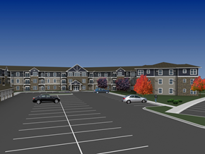 Hugo apartment for rent - A car is parked in a parking lot in front of a building.