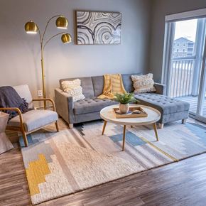 Hugo apartment for rent - A living room with a grey couch, a wooden chair, a round coffee table, and a floor lamp.