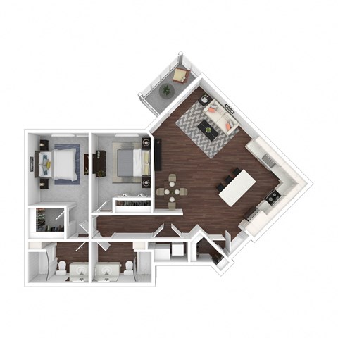 Floor plan for 2 beds, 2 baths, 1073 sqft