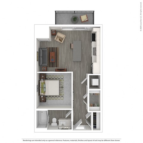 Floor plan for 1 bed, 1 bath, 591 sqft