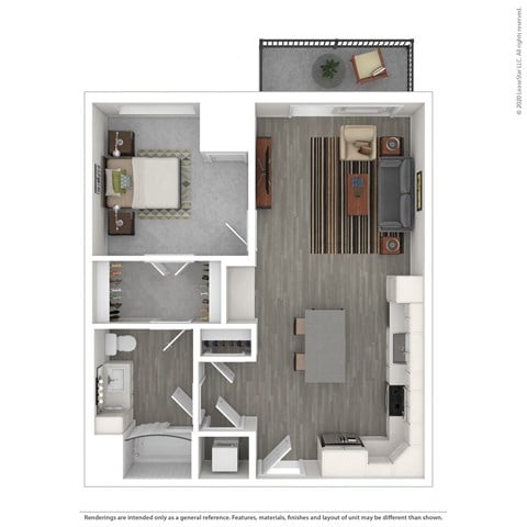 Floor plan for 1 bed, 1 bath, 727 sqft