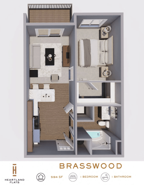 Floor plan for 1 bed, 1 bath, 594 sqft