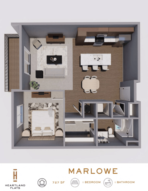 Floor plan for 1 bed, 1 bath, 727 sqft