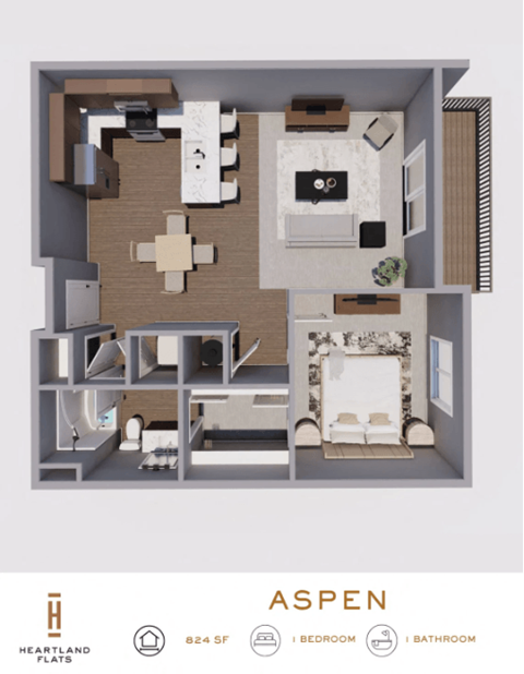 Floor plan for 1 bed, 1 bath, 824 sqft