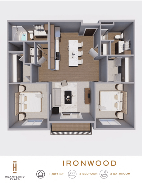 Floor plan for 2 beds, 2 baths, 1007 sqft