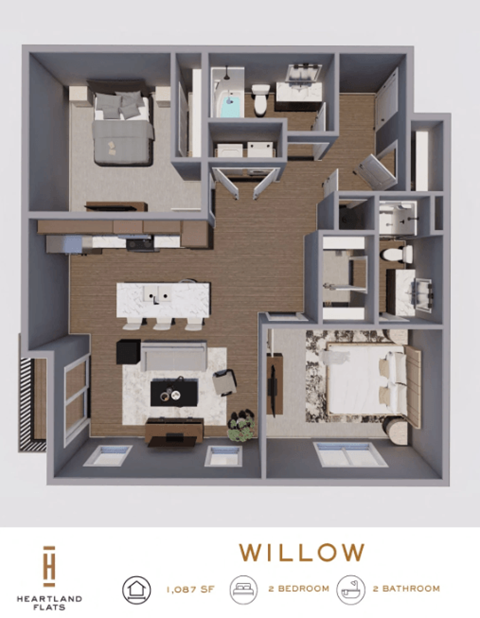 Floor plan for 2 beds, 2 baths, 1087 sqft