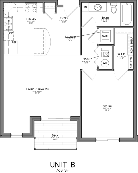 Floor plan for 1 bed, 1 bath, 757 sqft