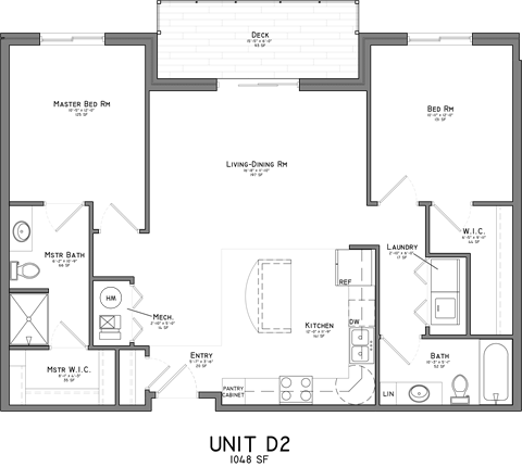 Floor plan for 2 beds, 2 baths, 1048 sqft