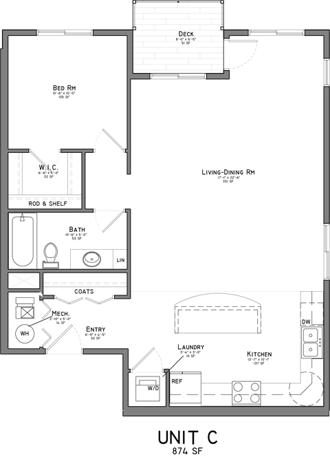 Floor plan for 1 bed, 1 bath, 874 sqft