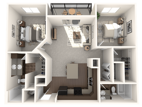 Floor plan for 2 beds, 2 baths, 1049 sqft