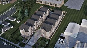 Omaha apartment for rent - A rendering of a building complex with multiple buildings and a parking lot.
