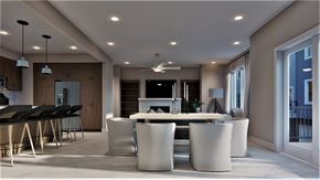 Omaha apartment for rent - A modern dining room with a large table and chairs.