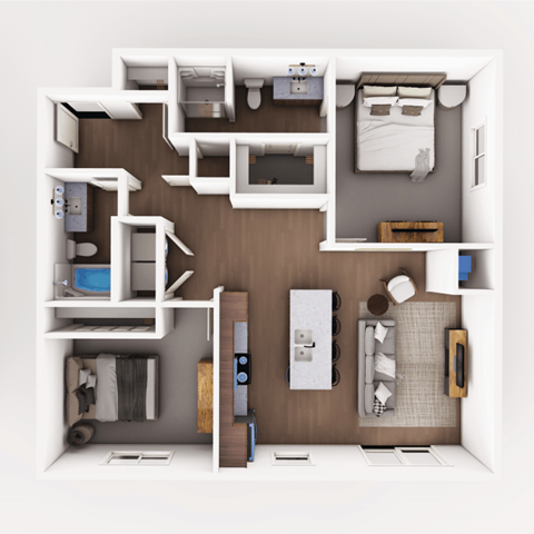 Floor plan for 2 beds, 2 baths, 1088 sqft