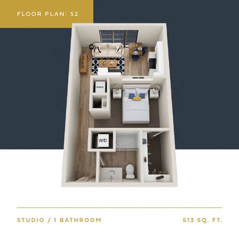 Floor plan for studio, 1 bath, 513 sqft