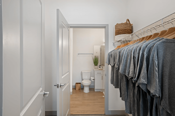 A bathroom with a toilet, a plant, and a rack of towels.