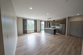 Downers Grove apartment for rent - A spacious kitchen and living room with wooden flooring and modern appliances.