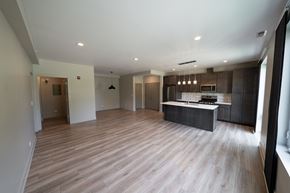 Downers Grove apartment for rent - A spacious kitchen and living room with wooden flooring and modern appliances.