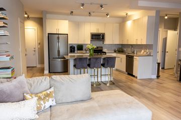 Chicago apartment for rent - a kitchen with stainless steel appliances and a living room with a couch