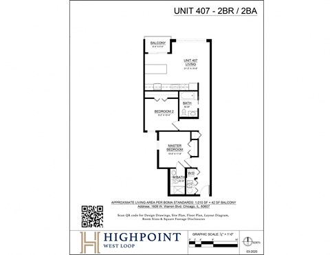 Floor plan for 2 beds, 2 baths, 1260 sqft
