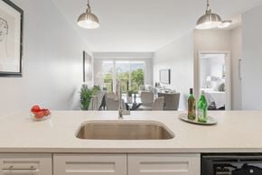Barrington apartment for rent - a kitchen with a sink and a view of a living room at Barrington 101, Barrington, IL 60010