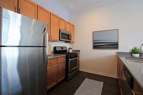 Chicago apartment for rent - a kitchen with stainless steel appliances and wooden cabinets
