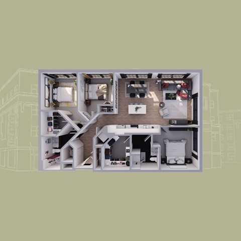 Floor plan for 3 beds, 2 baths, 1402 sqft