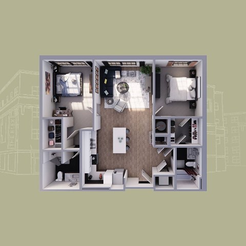 Floor plan for 2 beds, 2 baths, 1066 sqft