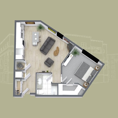 Floor plan for 1 bed, 1 bath, 750 sqft