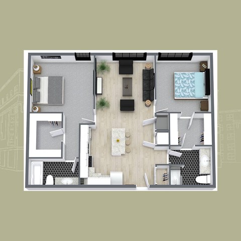 Floor plan for 2 beds, 2 baths, 1182 sqft