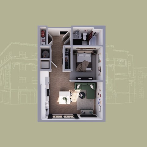 Floor plan for 2 beds, 1 bath, 888 sqft