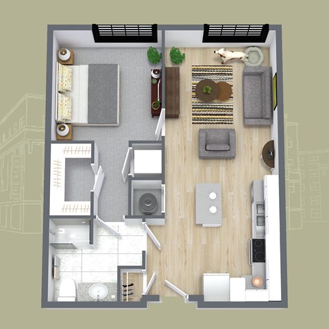 Floor plan for 1 bed, 1 bath, 711 sqft