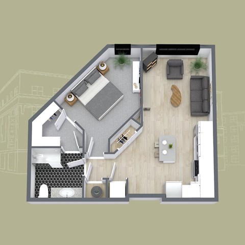 Floor plan for 1 bed, 1 bath, 750 sqft