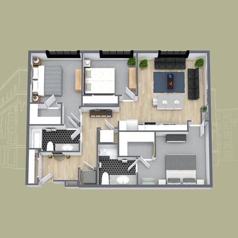 Floor plan for 3 beds, 2 baths, 1172 sqft