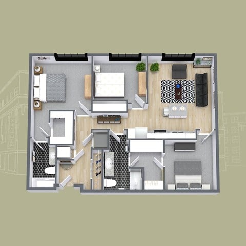 Floor plan for 3 beds, 2 baths, 1212 sqft