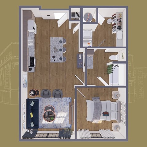 Floor plan for 1 bed, 1 bath, 1066 sqft