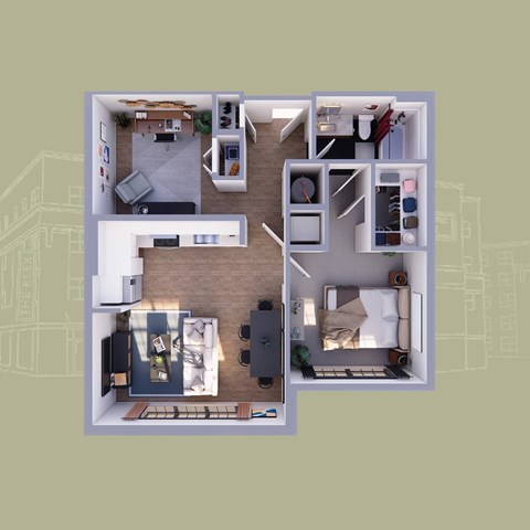 Floor plan for 1 bed, 1 bath, 850 sqft