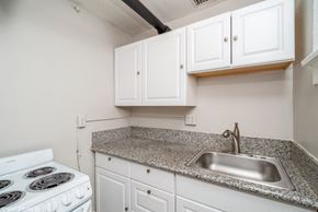 Denver apartment for rent - Kitchen with white cabinets and sleek countertops 1170 N Logan St in Denver, CO