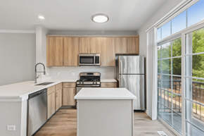 Downers Grove apartment for rent - Davey Two Bedroom Townhome - renovated kitchen with stainless steel appliances and rich wood cabinetry