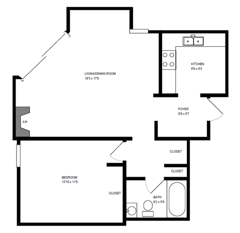 Floor plan for 1 bed, 1 bath, 700 sqft